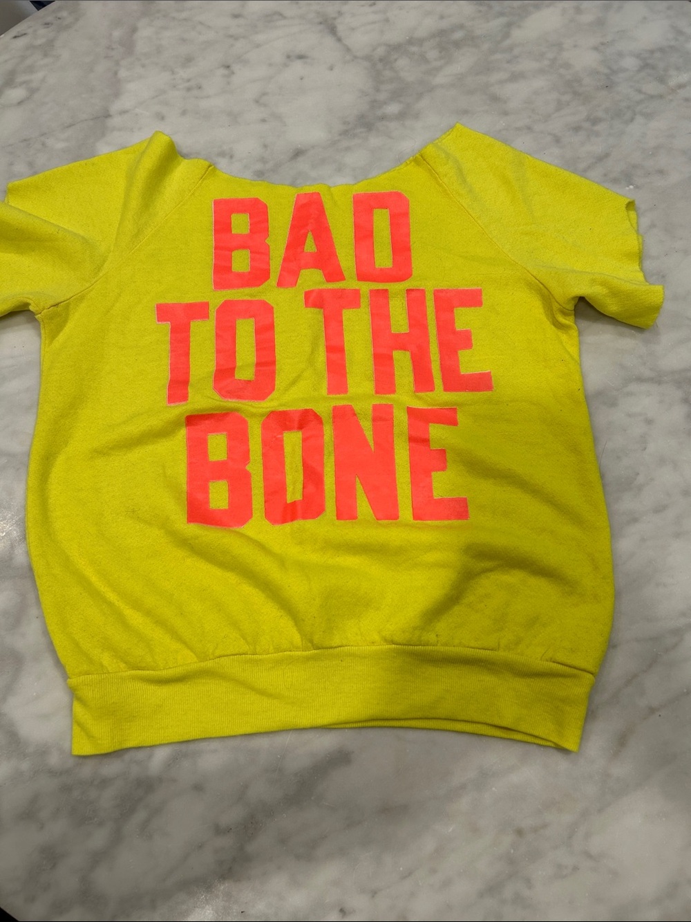 Vintage Fluorescent Yellow Graphic 'Bad to the Bone' Short-Sleeve Sweatshirt